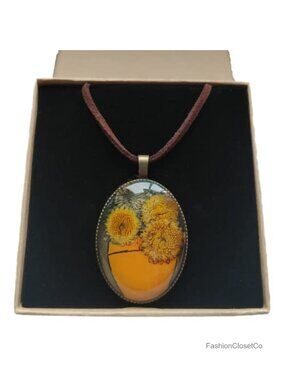 Handmade Real Dried Flower Sunflower Pendant Long Chain Necklace
